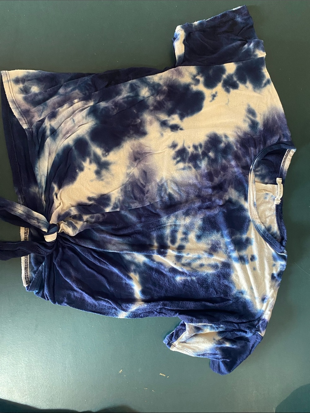 Caution To The Wind Blue and Cream Tie-Dye Knot Front Short Sleeve Top